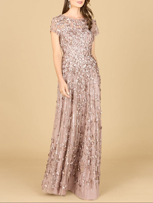 3D Floral Embellished Cap Sleeve Gown