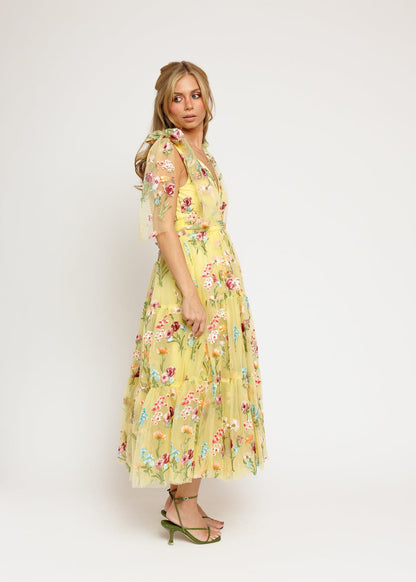 Margaret Floral Embroidered Midi Dress Yellow