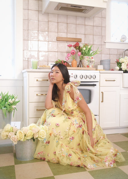 Margaret Floral Embroidered Midi Dress Yellow